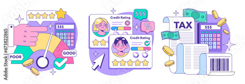 Credit card set. Bank-offered financing of purchases. Individual and business credit card. Credit arrangements and rating. Flat vector illustration