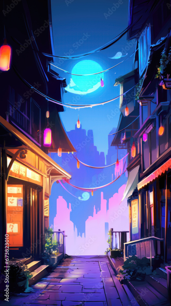 Illustration of a night street in an old town