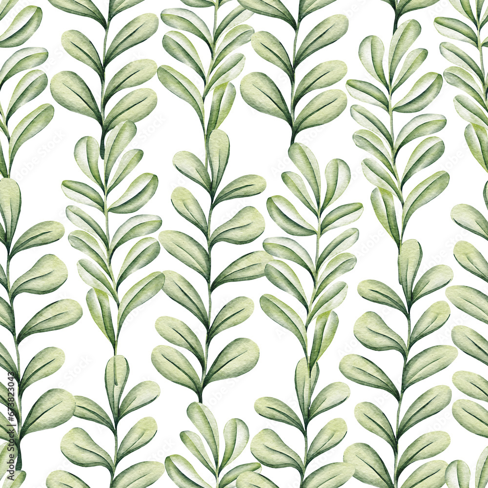 Seamless watercolor floral pattern - green leaves and branches composition on white background, perfect for wallpapers, postcards, greeting cards, wedding invitations, romantic events.