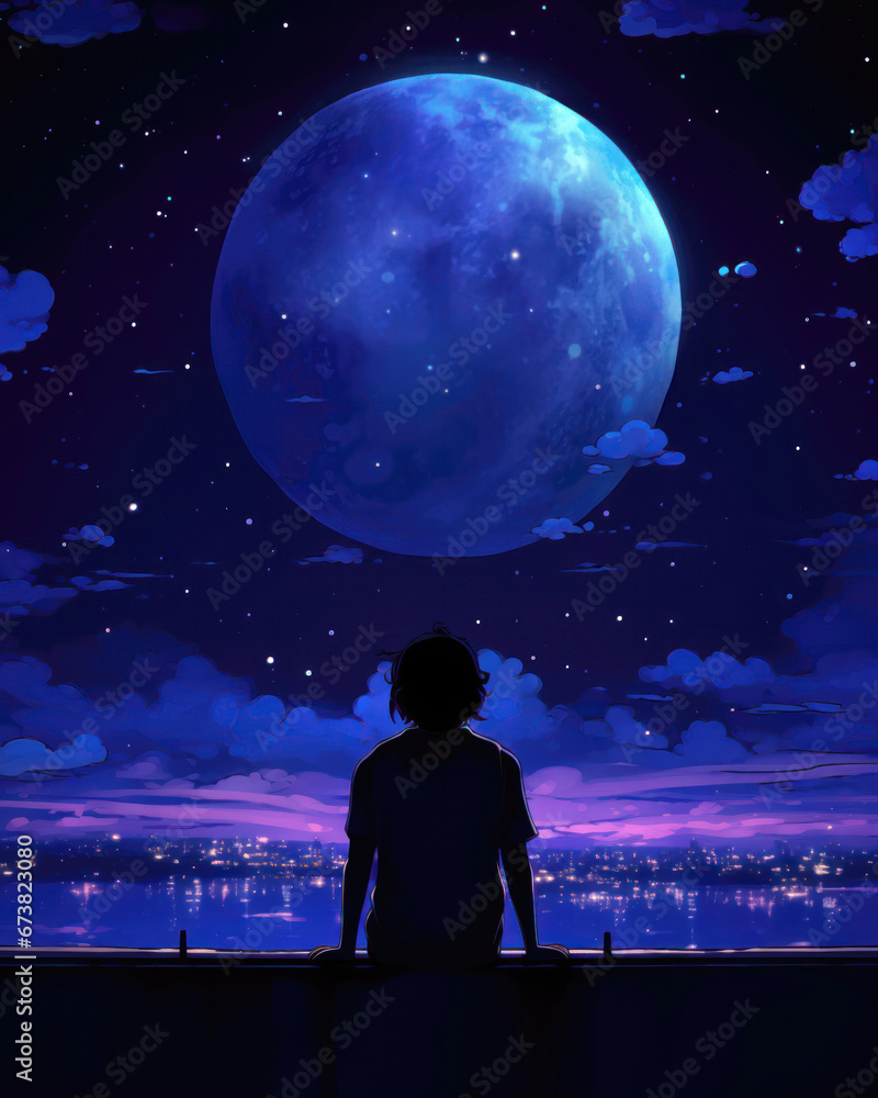 Silhouette of a man looking at the moon in the night sky Silhouette of a man looking at the moon in the night sky
