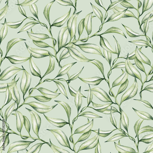 Seamless watercolor floral pattern - green leaves and branches composition on white background  perfect for wallpapers  postcards  greeting cards  wedding invitations  romantic events.