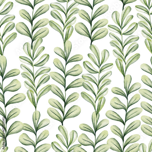 Seamless watercolor floral pattern - green leaves and branches composition on white background, perfect for wallpapers, postcards, greeting cards, wedding invitations, romantic events.