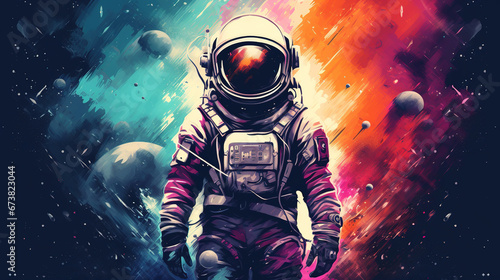 Illustration of cool looking astronaut in mixed grunge color pop art style.