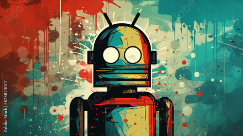 Illustration of cool looking old style robot or android in mixed grunge color pop art style.