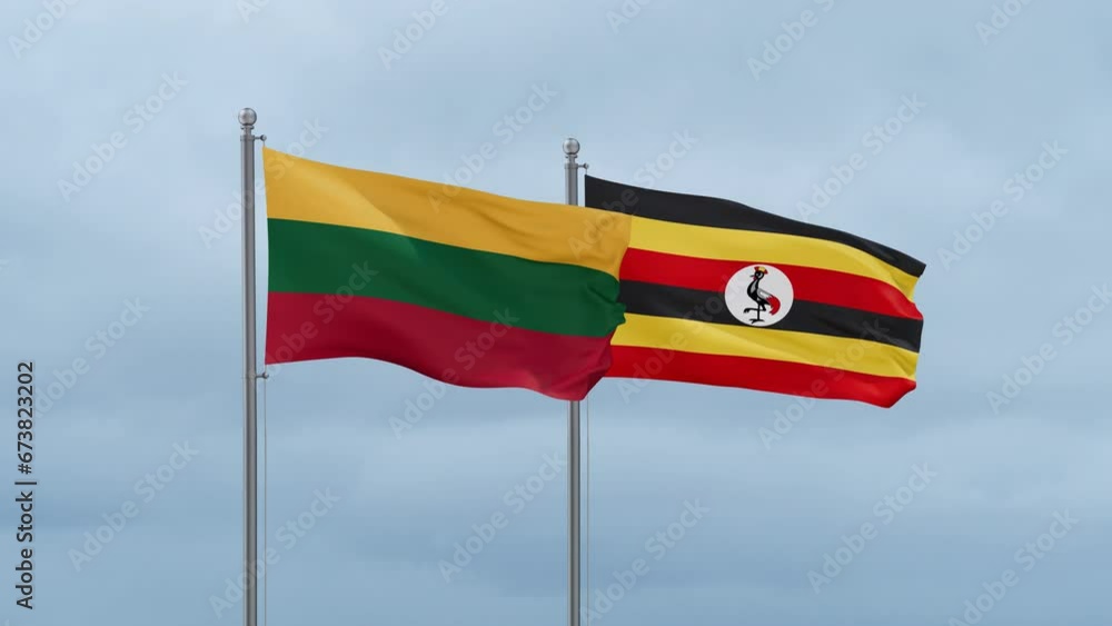 Republic of Uganda and Lithuania flag waving together on cloudy sky, endless seamless loop, two country cooperation concept Republic of Uganda and Lithuania flag waving together on cloudy sky, endless seamless loop, two country cooperation concept