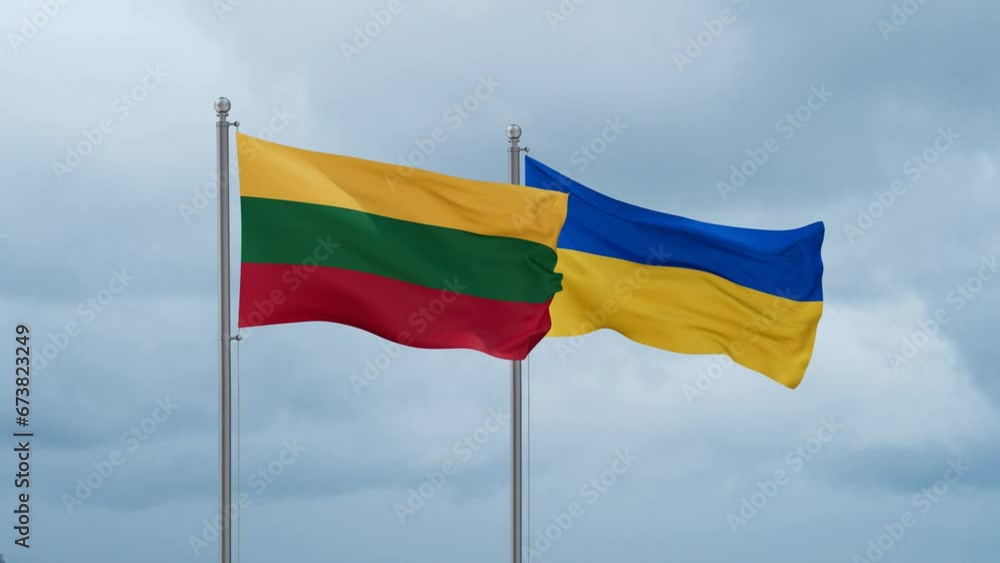 Ukraine and Lithuania flag waving together on cloudy sky, endless seamless loop, two country cooperation concept Ukraine and Lithuania flag waving together on cloudy sky, endless seamless loop, two country cooperation concept