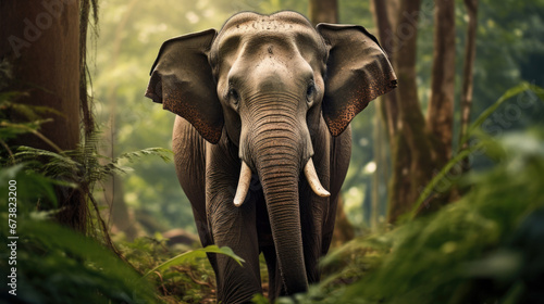 Asian elephant or Elephas maximus indicus roadblock walking head on in summer season and natural green scenic background safari.