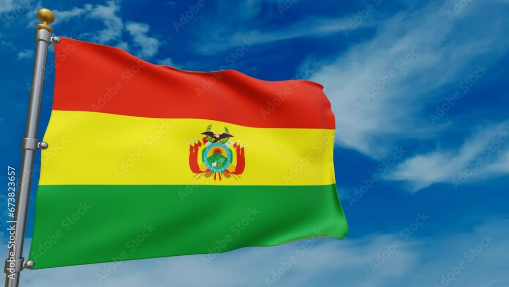 The national flag of Bolivia fluttering in the wind on a blue sky background, the symbol of the country of Bolivia. 3d rendering