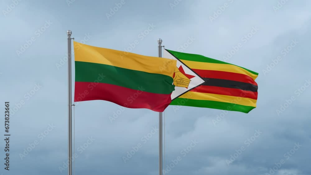 Zimbabwe and Lithuania flag waving together on cloudy sky, endless seamless loop, two country cooperation concept Zimbabwe and Lithuania flag waving together on cloudy sky, endless seamless loop, two country cooperation concept