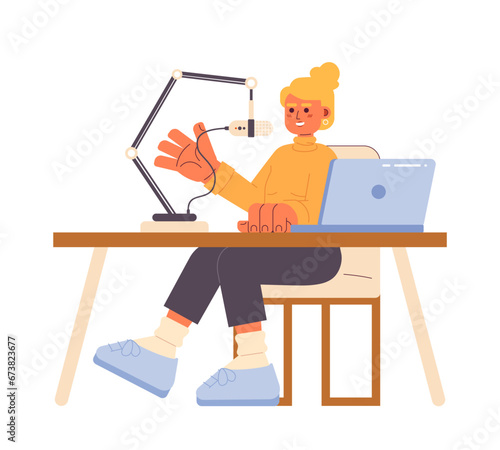 European woman speaking into mic stand notebook desk 2D cartoon character. Radio personality caucasian female isolated vector person white background. Recording podcast color flat spot illustration