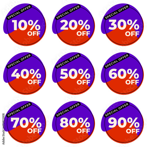 SET SALE TAG BADGE TEMPLATE FLAT COLOR DESIGN. OFFER WITH DIFFERENT DISCOUNT FROM 10, 20, 30, 40, 50, 60, 70, 80, 90 PERCENT OFF.MODERN DESIGN VECTOR FOR YOUR BUSINESS