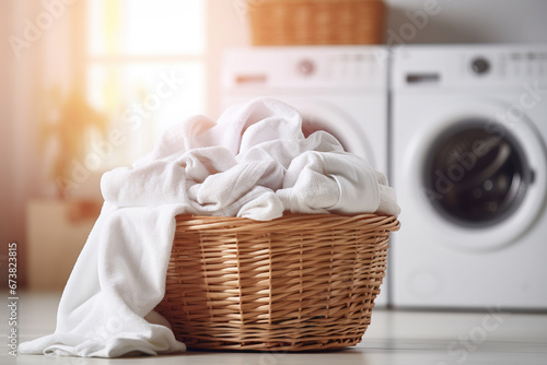 basket with white clothes on the floor in front of a blurry washing machine in the background