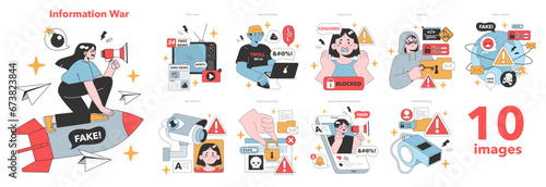 Information War set. Navigating the chaos of misinformation with scenes of fake news, trolling, censorship, hacking, and whistleblowing. Social media's role in shaping perceptions.vector illustration