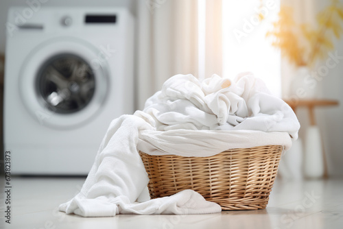 basket with white clothes on the floor in front of a blurry washing machine in the background photo
