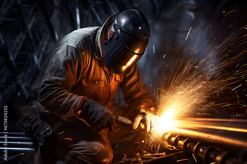 Welder with protective gear welding a metal piece - obrazy, fototapety, plakaty 