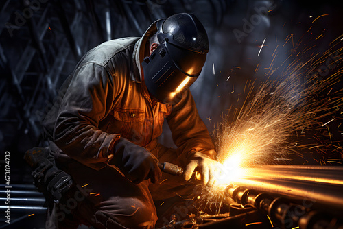 Welder with protective gear welding a metal piece