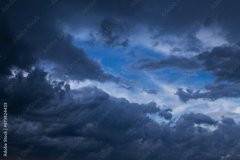 Epic Storm rain clouds, sky, blue dark clouds background texture, thunderstorm