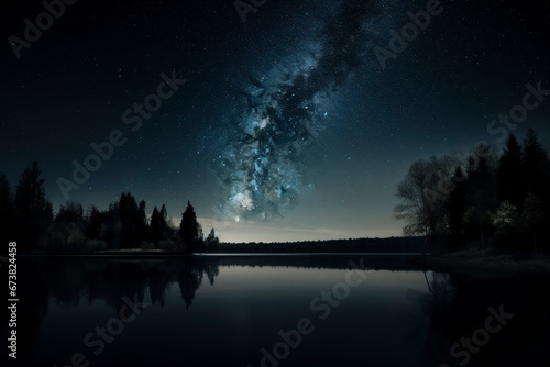 Starry Night Over Serene Lake: A Glimpse of the Milky Way, ai generative