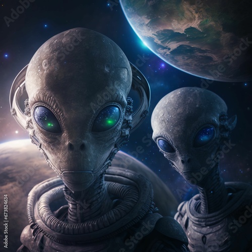 AI generated illustration of two extraterrestrial beings standing side by side photo