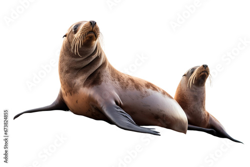 Two Playful Sea Lions Relaxing on a Seaside Rock -on transparent background