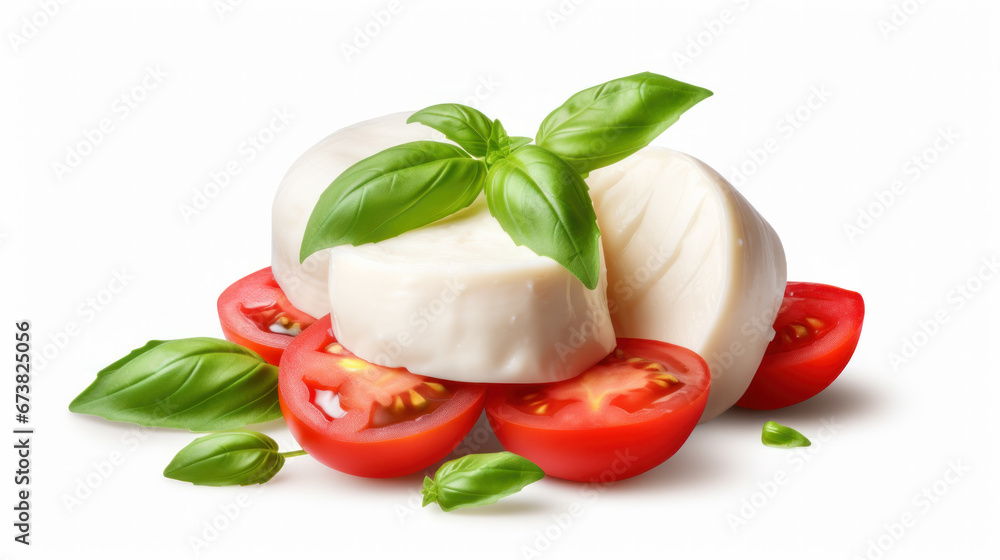 Mozzarella with tomatoes and basil leaves isolated on white background.