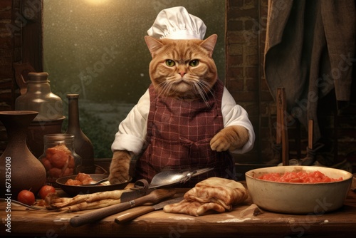 Cat chef with hat in the kitchen prepares food.