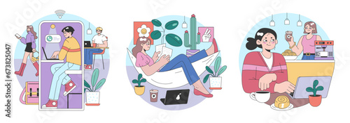 Digital Lifestyle set. Individuals enjoying leisure activities. From online chatting, peaceful reading, to coffee breaks. Connectivity and relaxation in modern life. Flat vector illustration
