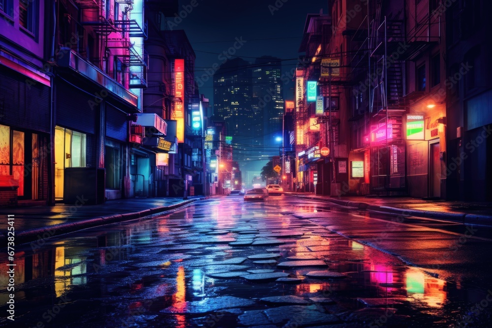 The nighttime city street is illuminated by bright neon lights.