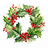 A watercolour illustration of a Christmas holly wreath with red berries, on white with space for text