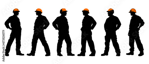 Construction worker poses wearing helmet and work overall. Warehouse worker in uniform. Transparent PNG. Retro clipart. Worker silhouette set. Abstract vector illustration isolated on white
