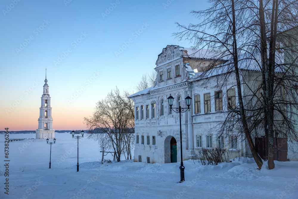 The historical center of the provincial town of Kalyazin at sunrise. Tver region, Russia