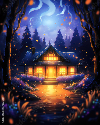 Illustration of a wooden house in the forest at night with moonlight