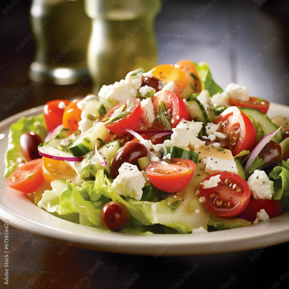 Fotografia con detalle y textura de plato con ensalada y queso griego Fotografia con detalle y textura de plato con ensalada y queso griego