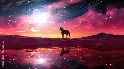 Horse near a lake at sunset