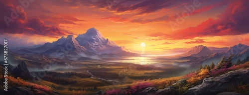 A Majestic Sunset Casting Golden Hues Over Majestic Mountain Peaks