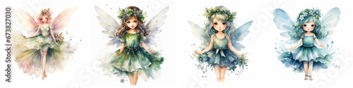 Set of watercolor Whimsical Christmas Fairy isolated on white background 