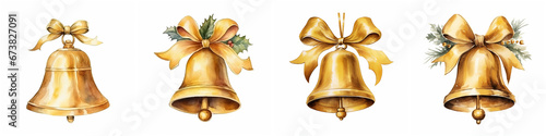 Set of watercolor golden bells isolated on white background