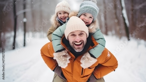 Happy Father and Children playing together in winter with snow. generative AI