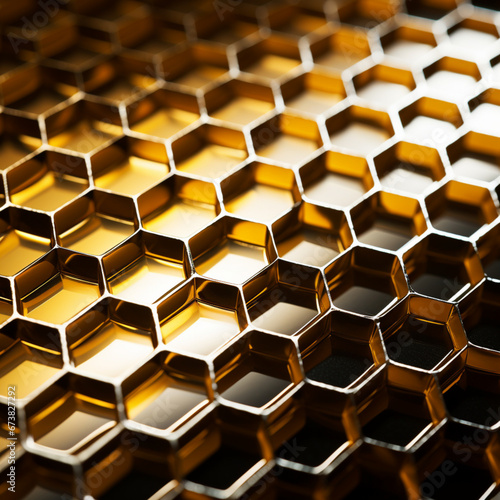 Fotografia de primer plano de superficie con patron geometrico hezagonal y tonos dorados con difuminado de luz