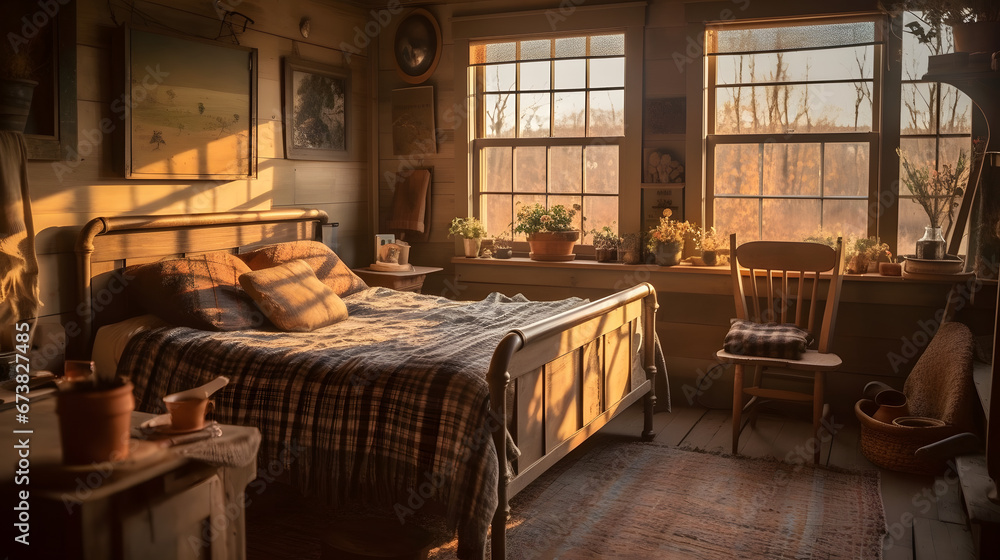 Evening Serenity: Vintage Farmhouse Bedroom at Sunset - Created using Generative AI