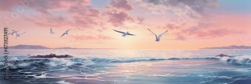 A Serene Symphony  Birds in Flight Over the Majestic Ocean