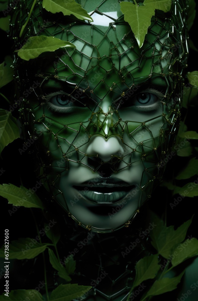 A Woman Embracing Nature's Veil of Green Leaves