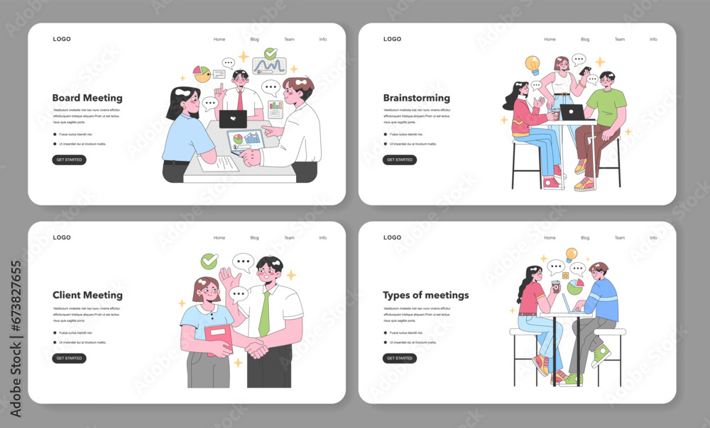 Professional meeting set. Teams collaboratively working at office tables. Board decisions, group brainstorming, client consultations, and diverse discussion types. Flat vector illustration.