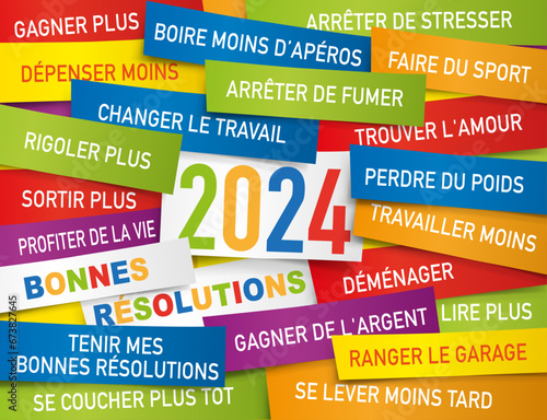 Carte de vœux 2024 présentant une liste de bonnes résolutions écrite sur des étiquettes de couleurs.