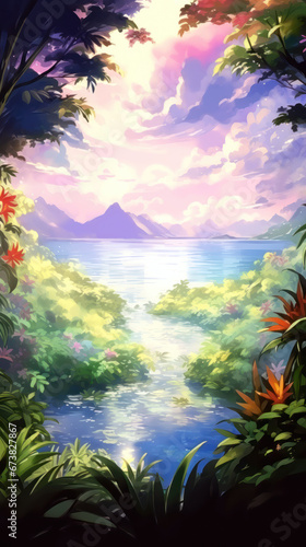 Tropical landscape with lilies and a lake. Digital painting