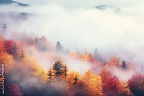 Foggy mountain with Autumn foliage landscape.