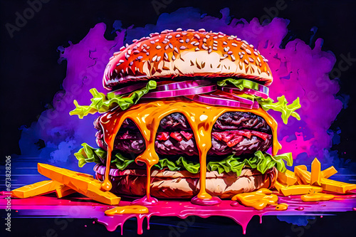 A Delicious watercolor Beef burger with melted cheese and fries fast food. Generative AI  