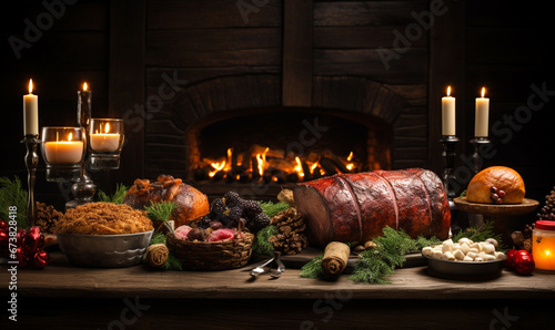 Festive Christmas dinner spread across a table in front of  fireplace. Christmas candle decorations in the background.