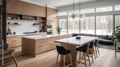 Simplicity at Noon: White Cabinetry and Light Wood Accents in the Kitchen - Created using Generative AI