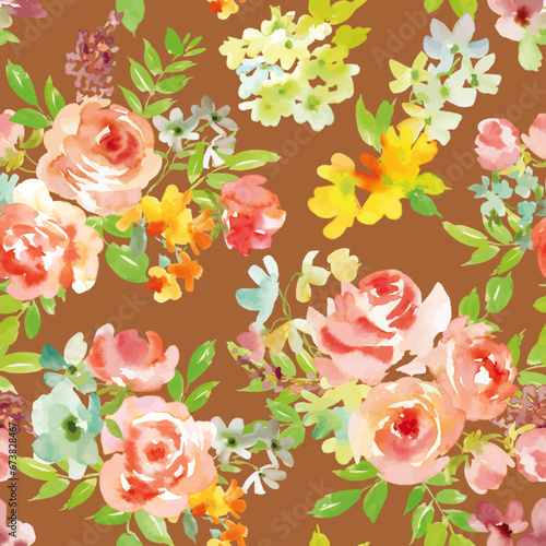 水彩で描いたピンクのバラと草花のシームレスパターン